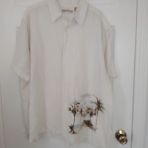 Men's Cream Short Sleeve Shirt with Palm Tree Design 55% Linen